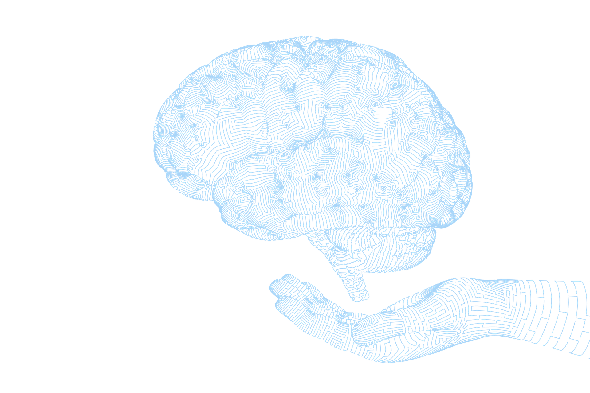 Futuristic 3D wireframe brain illustration resting on a stylized hand - MedCortex Platform